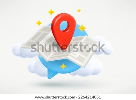 Red navigation pin on paper map. Travel concept. 3d vector illustration