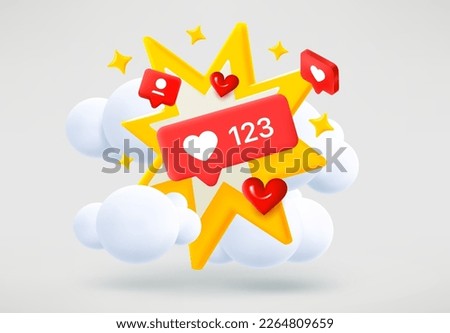 Social media icons and yellow flash. Subsription concept. 3d vector illustration