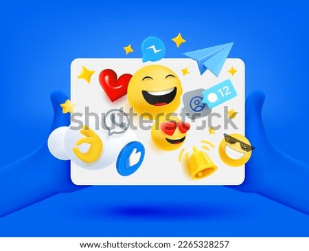 Human holding tablet computer with social media elements. 3d vector illustration