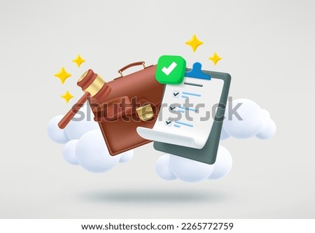 Judicial hammer, briefcase and verdict with checkmark. 3d vector illustration