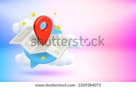 Red navigation pin on paper map. Travel concept. 3d vector banner with copy space