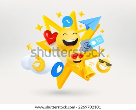 Social media elements. Red button, blue plane, emojis, icons. Subscribe concept. 3d vector illustration