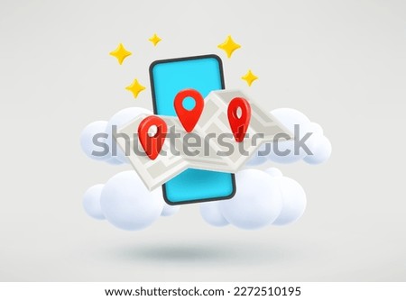 Travel concept with smartphone, map and pins. 3d vector illustration