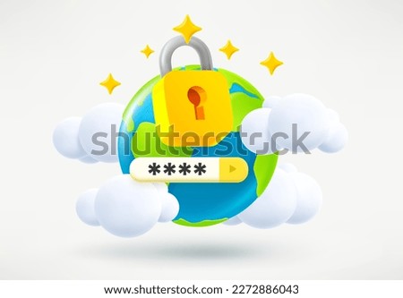 The golden padlock with keyhole and password tab. Global security concept. 3d vector illustration