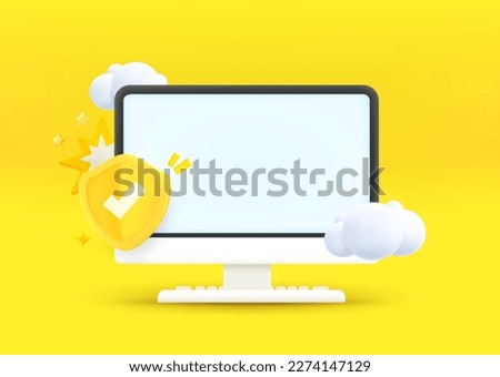 Computer monitor with shield and blank screen. 3d vector illustration