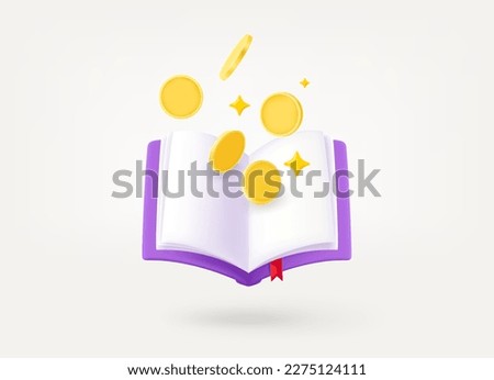 Book with gold coins. Pay for education or information concept. 3d vector illustration