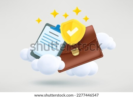 Insurance contract concept. Briefcase with the shield with checkmark. 3d vector illustration
