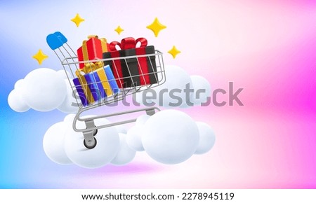 Shopping trolley with gift boxes. Shopping concept. 3d vector banner with copy space