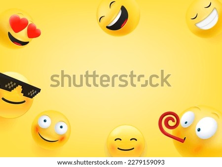 Different happy emojis. 3d vector banner with copy space