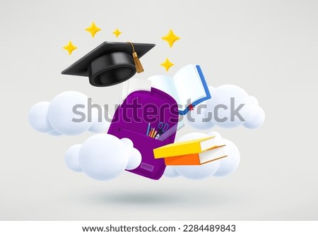 Back to school concept. Graduation cap, school bag, stationery and books. 3d vector illustration
