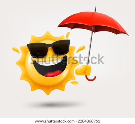 Happy sun emoji with umbrella in a hand. 3d vector isolated on white background