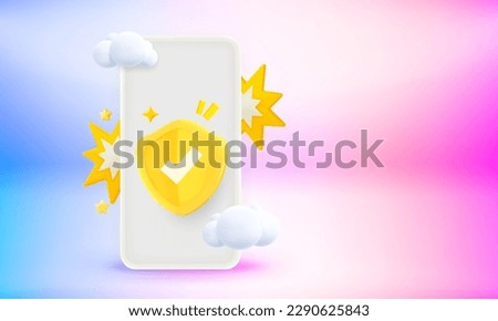 Modern smartphone with shield and blank screen. 3d vector banner with copy space