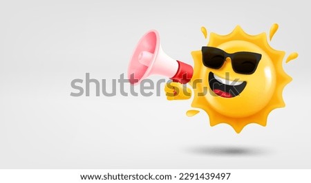 Happy sun emoji with megaphone in a hand. 3d vector banner with copy space