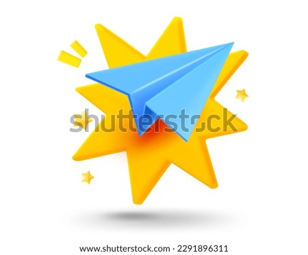 Blue airplane with explosion effect. 3d vector mobile application icon with notification