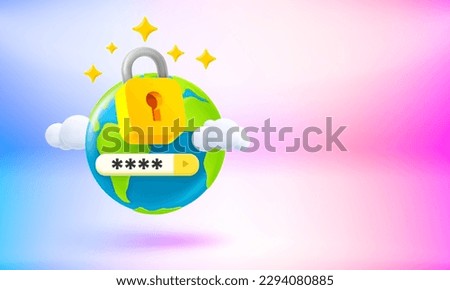 The golden padlock with keyhole and password tab. Global security concept. 3d vector banner with copy space