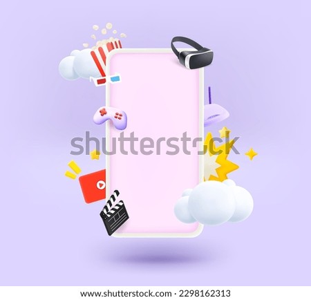 Modern smartphone with video entertainment elements and blank screen. 3d vector illustration
