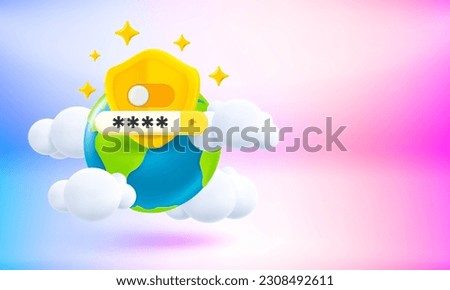 The Earth and password tab. Privat global web connection concept. 3d vector banner with copy space