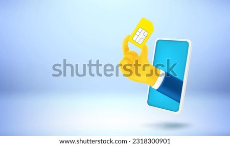 Smartphone and hand holding gold sim card. 3d vector banner with copy space
