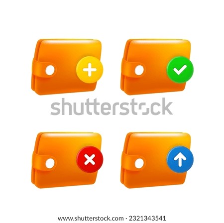 Leather wallet icon set with different pictograms. 3d vector icons set