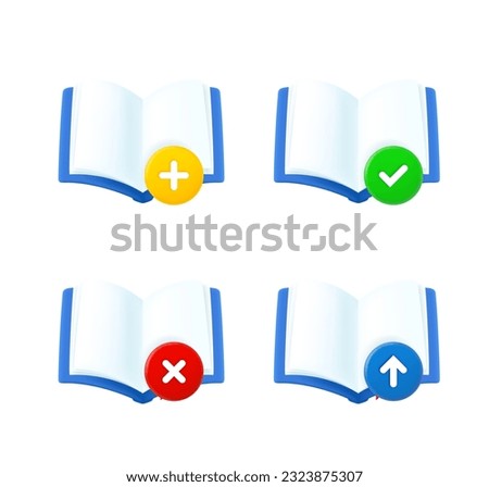 Open book set with different pictograms. 3d vector icons set