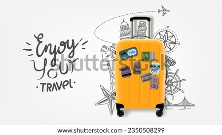 Enjoy your travel concept with suitcase and doodle elements. Vector banner with lettering text