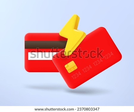 Red credit cards with thunderbolt. 3d vector icon
