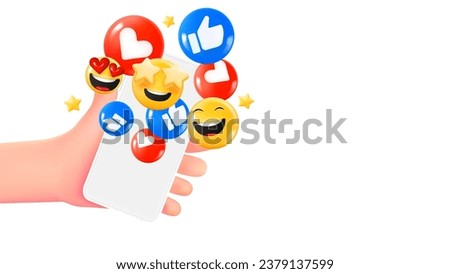 Man holding smartphone with emojis. 3d banner with copy space