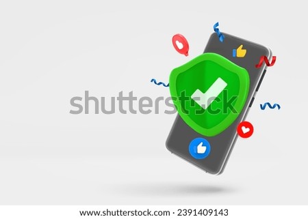 Modern smartphone with green shield. 3d vector banner with copy space