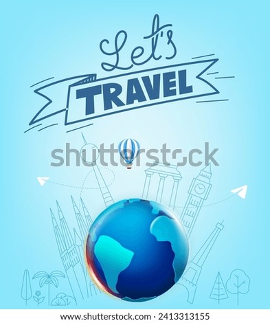 The Earth with different travel elements vector illustration. World travel concept with lettering logo