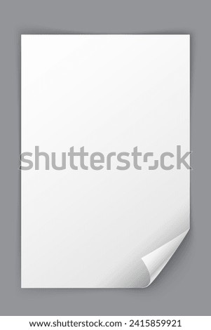 White paper vertical sheet with bending bottom right corner isolated on grey background. Vector illustration