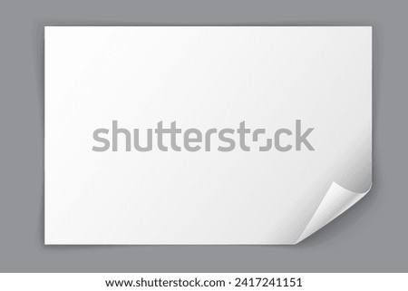 White paper sheet with bending bottom right corner isolated on grey background. Vector illustration