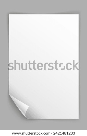 White paper vertical sheet with bending bottom left corner isolated on grey background. Vector illustration
