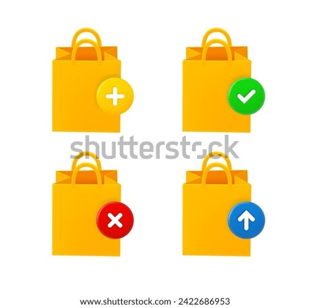 Shopping bag icon set with different pictograms. 3d vector icons set