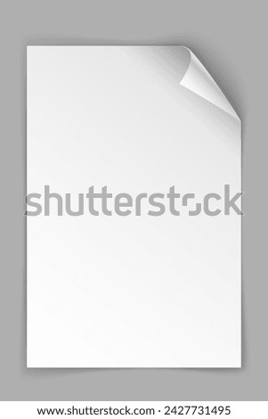 White paper vertical sheet with bending top right corner isolated on grey background. Vector illustration