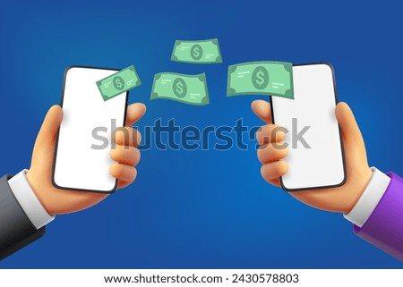 Receive money concept with two smartphones. 3d vector illustration
