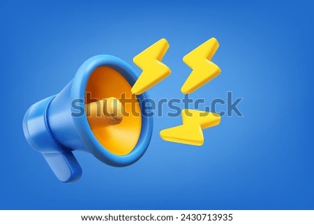 Blue bullhorn with yellow bolts. Announcement concept. Vector 3d illustration