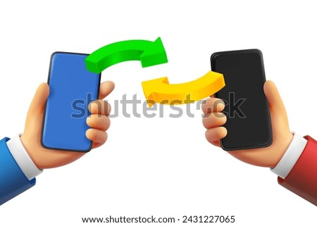 File transfer concept with two smartphones. 3d vector illustration