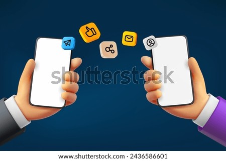 Receive social media content  with two smartphones. 3d vector illustration

