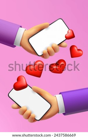 Sending love messeges to friend via smartphone. 3d vector illustration