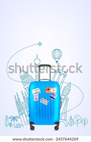 Color plastic travel bag with famous world sights. 3d vector illustration with copy space 