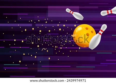 Flying bowling ball with skittles on abstract background. 3d vector illustration 