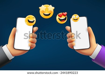 Receive emojis with two smartphones. 3d vector illustration