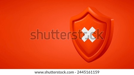 Red shield with white cross isolated on red background. 3d vector banner with copy space