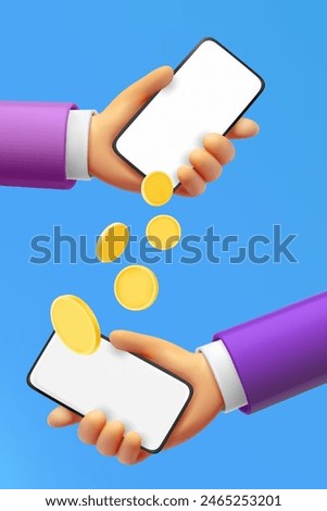 Sending money to friend via smartphone. 3d vector illustration