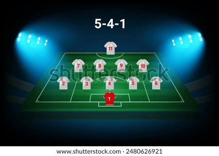 5-4-1 football team formation template. Soccer players with numbers. Vector template
