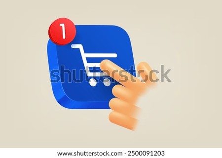 Hand pressing button on shopping cart. 3d vector illustration