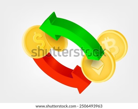 Two arrows in the circle with coins and cryptocurrency. Money exchange concept. 3d vector icons isolated on white background