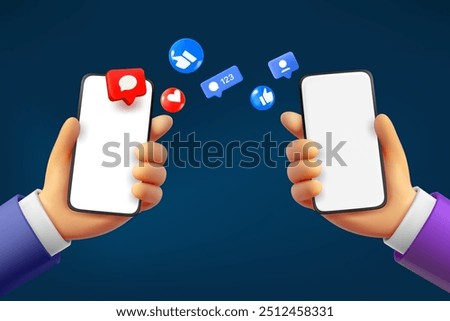 Receive social media content  with two smartphones. 3d vector illustration
