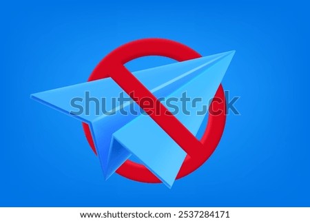 Blue paper airplane in the circle with crossed line. 3d vector illustration