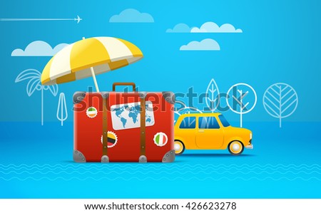 Travel bag vector illustration. Vacation concept. Retro car vacation
